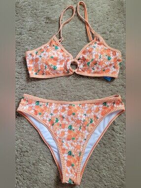 Orange Floral Ring-Front Bikini Set
